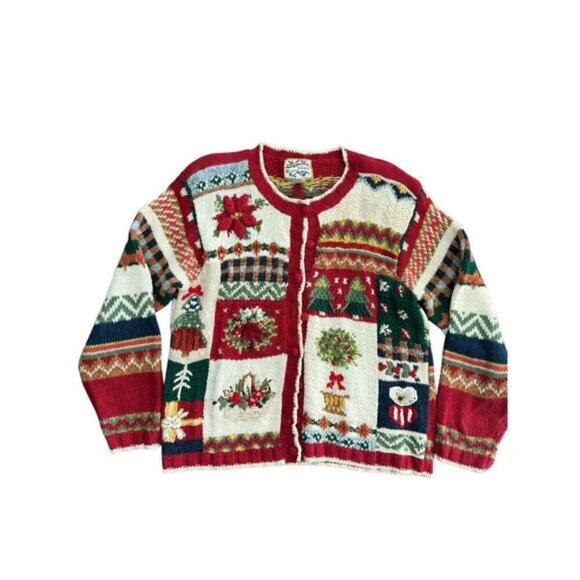Heirloom Collectibles Sweaters - Heirloom Collectibles Ivory Red Long Sleeves Embroidered Cardigan Sweater Size M